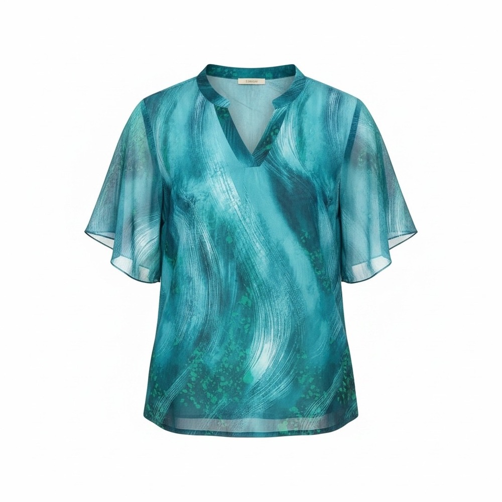 Timeson Womens XL Teal Blue Abstract Swirl Chiffon V-Neck Flutter Sleeve Blouse